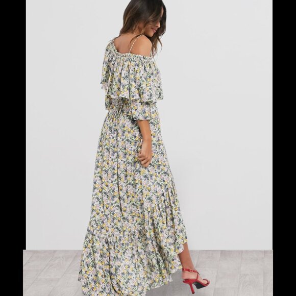 Mango MNG Off One Shoulder Dress Sz SMALL Floral Ruffle Tie Belt NEW - Picture 2 of 14